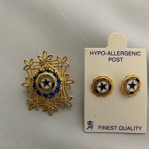 American Legion Gold and Blue Star Brooch and Earrings Set
